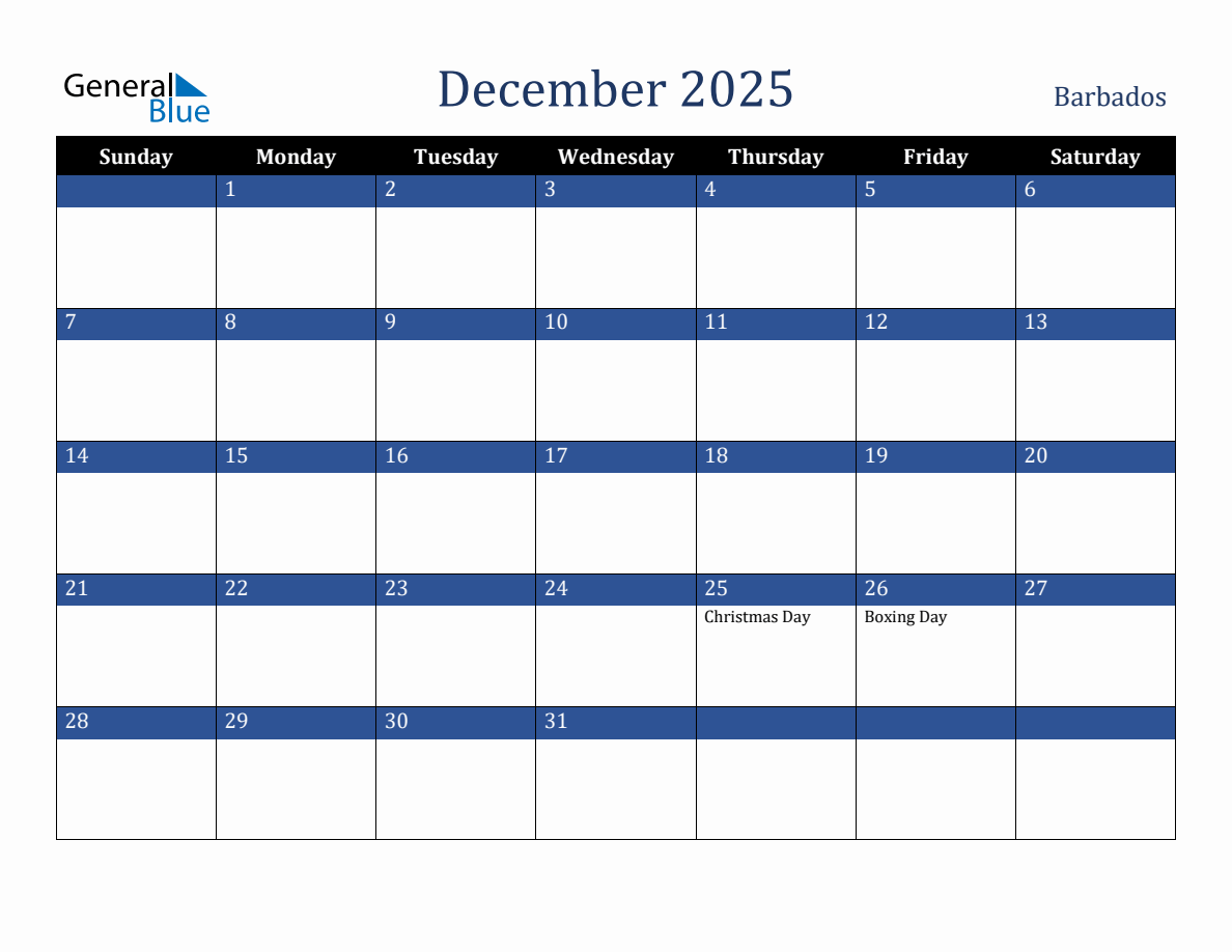 December 2025 Barbados Holiday Calendar