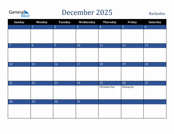 December 2025 Barbados Calendar (Sunday Start)
