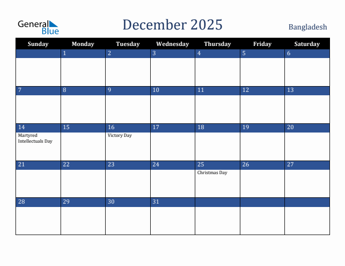December 2025 Bangladesh Calendar (Sunday Start)