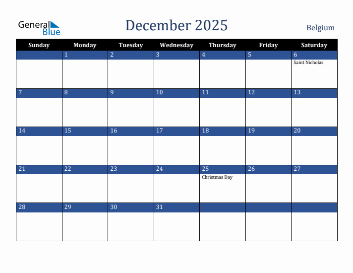 December 2025 Belgium Calendar (Sunday Start)