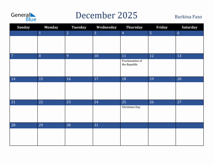 December 2025 Burkina Faso Calendar (Sunday Start)