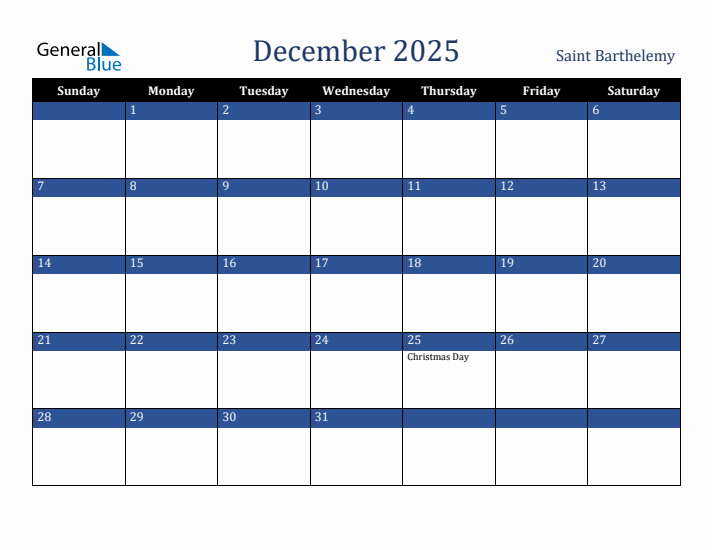December 2025 Saint Barthelemy Calendar (Sunday Start)