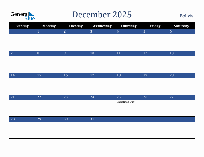 December 2025 Bolivia Calendar (Sunday Start)
