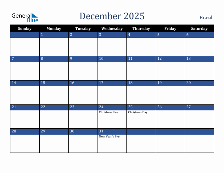 December 2025 Brazil Calendar (Sunday Start)
