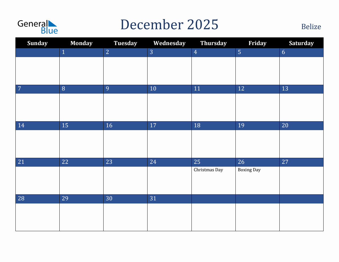 December 2025 Belize Holiday Calendar