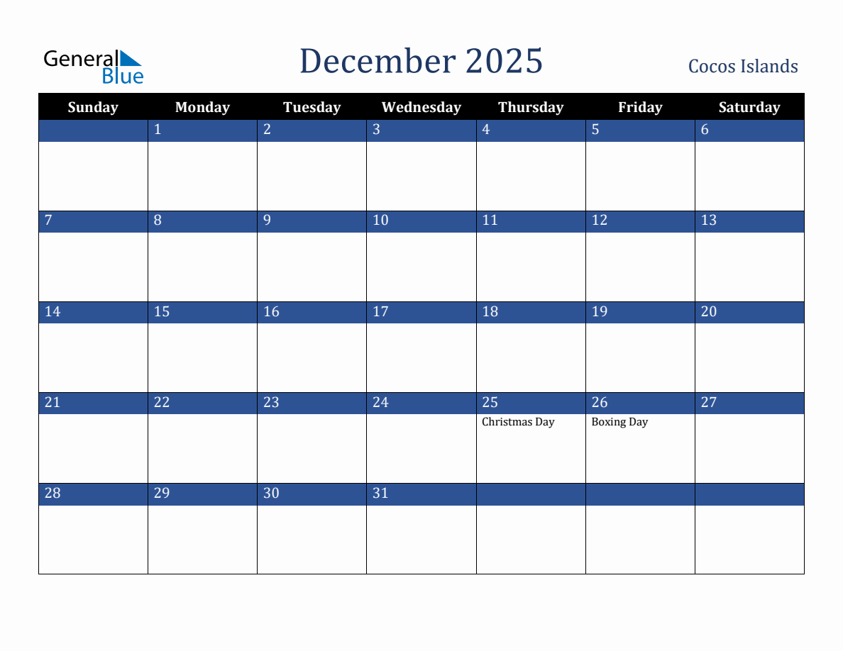 December 2025 Cocos Islands Holiday Calendar