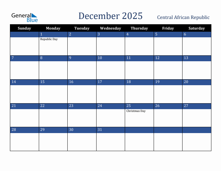 December 2025 Central African Republic Calendar (Sunday Start)