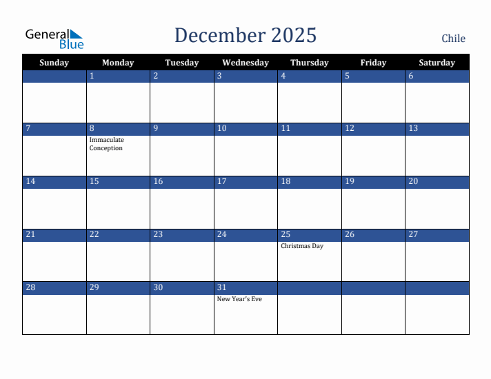 December 2025 Chile Calendar (Sunday Start)