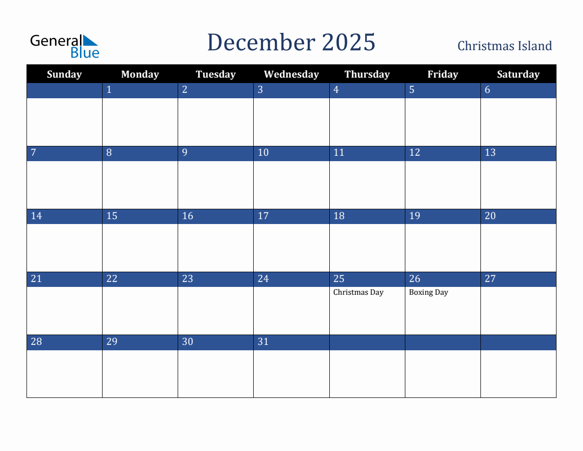 December 2025 Christmas Island Holiday Calendar