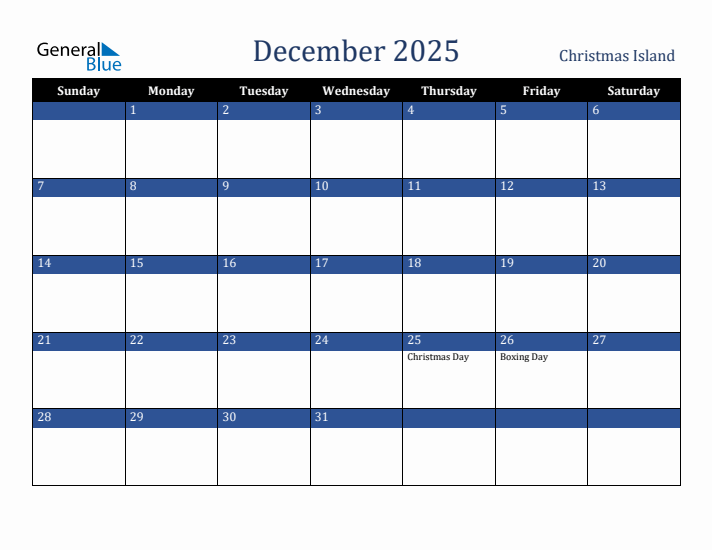 December 2025 Christmas Island Calendar (Sunday Start)