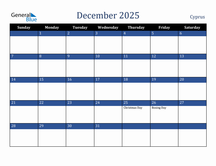 December 2025 Cyprus Calendar (Sunday Start)