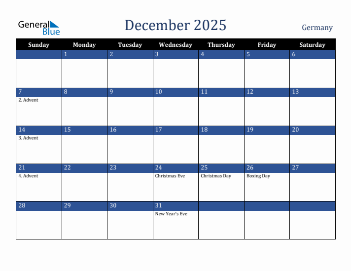 December 2025 Germany Calendar (Sunday Start)