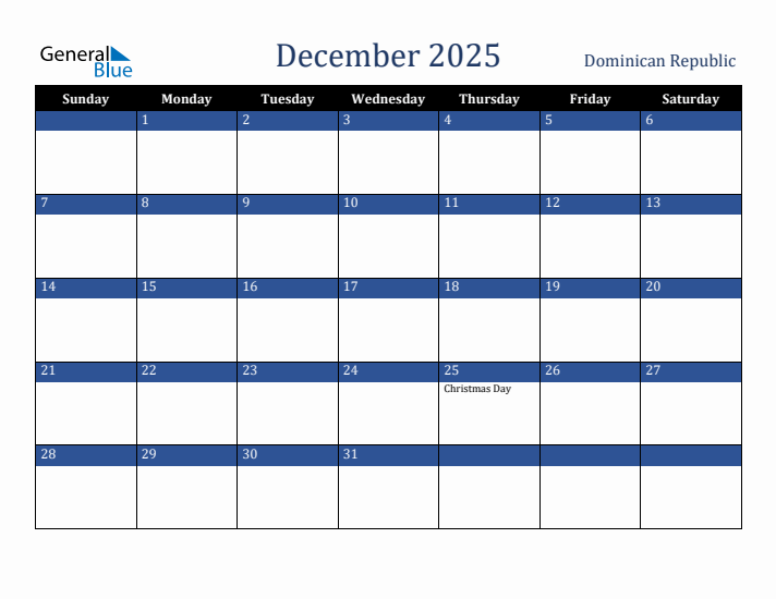 December 2025 Dominican Republic Calendar (Sunday Start)