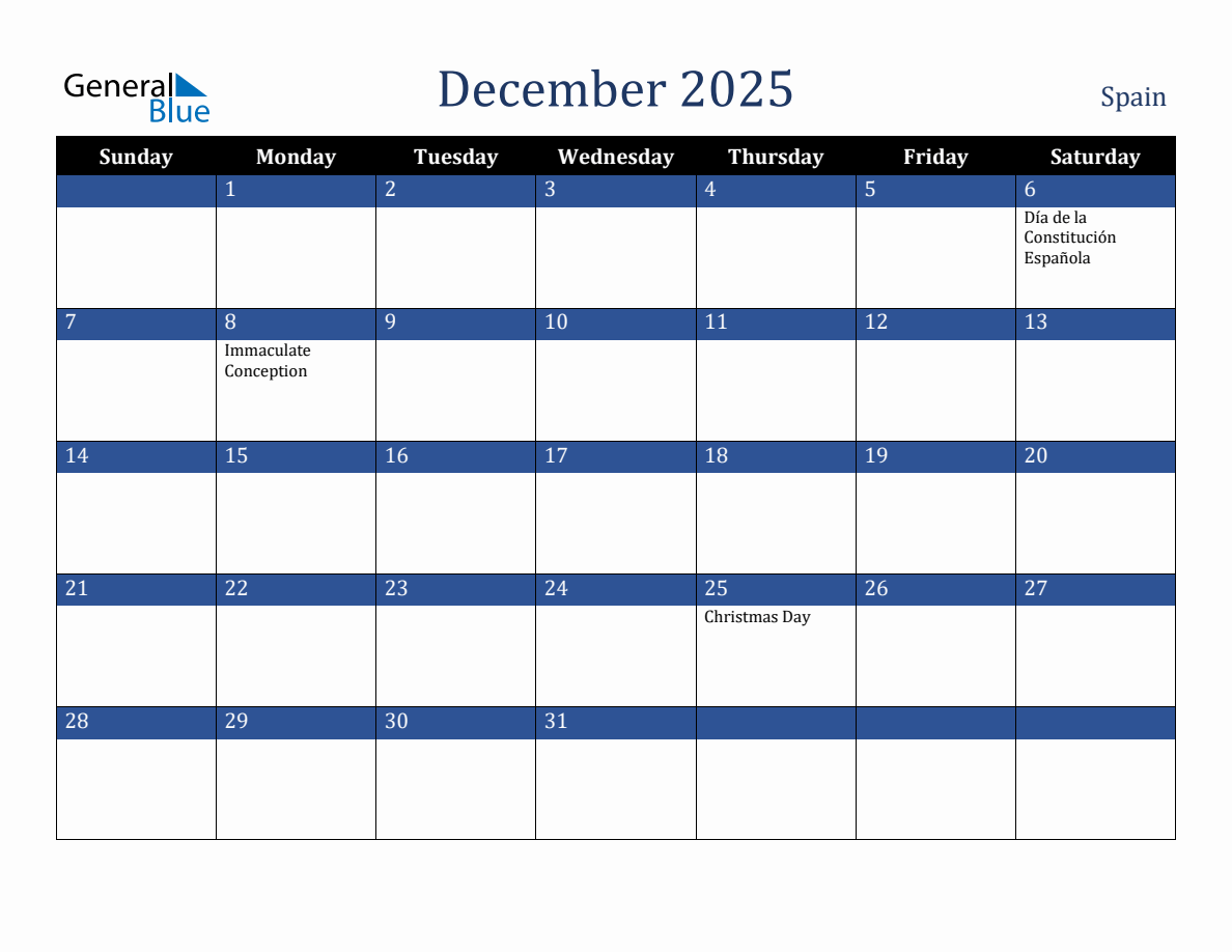 December 2025 Spain Holiday Calendar