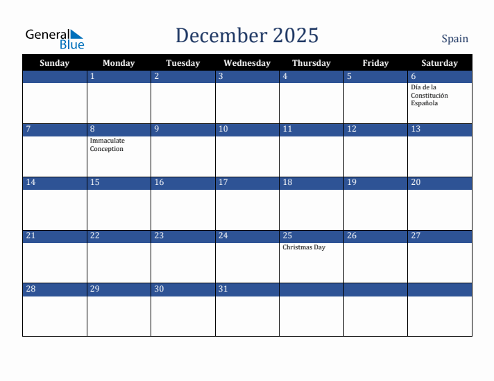 December 2025 Spain Calendar (Sunday Start)