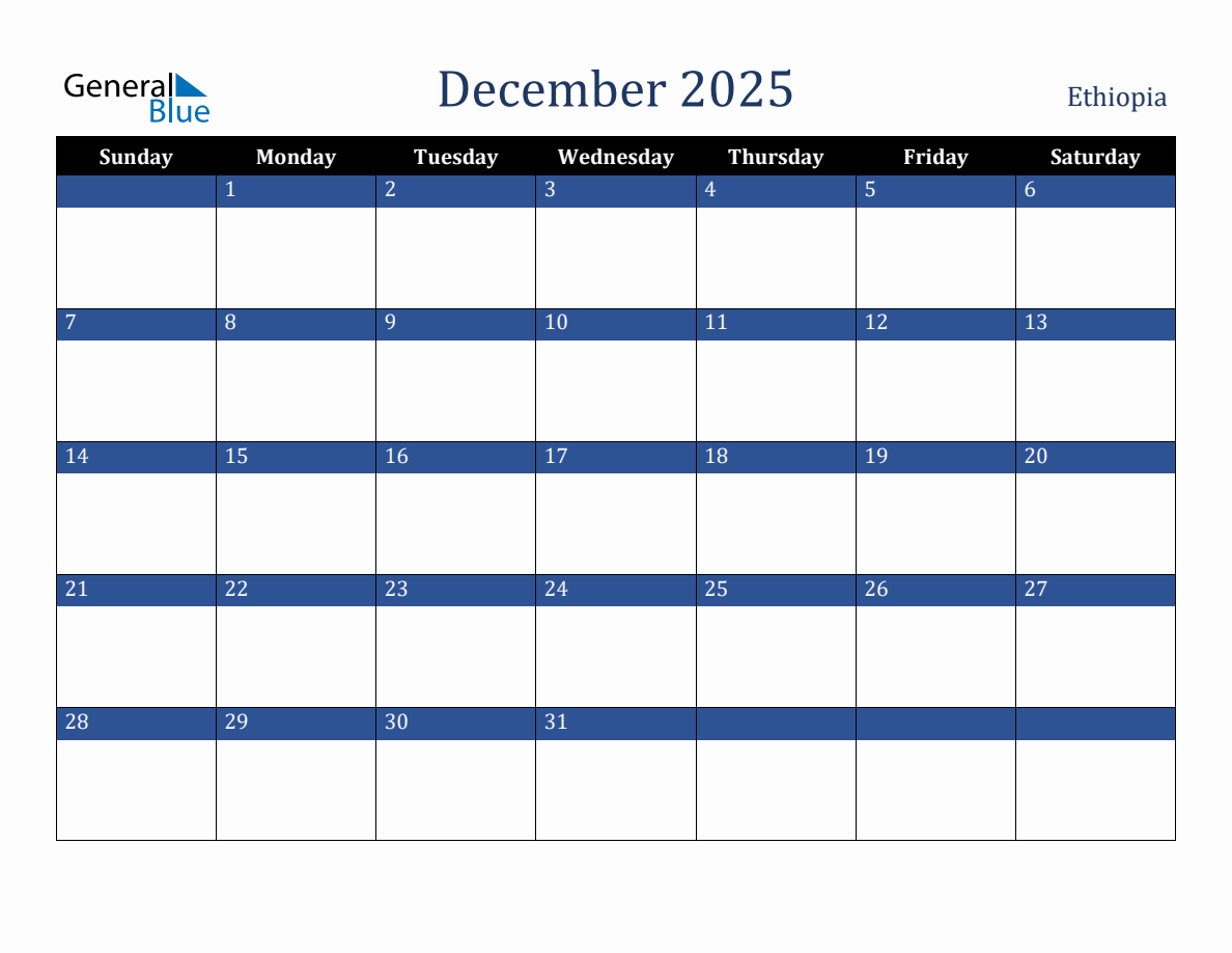 December 2025 Ethiopia Holiday Calendar