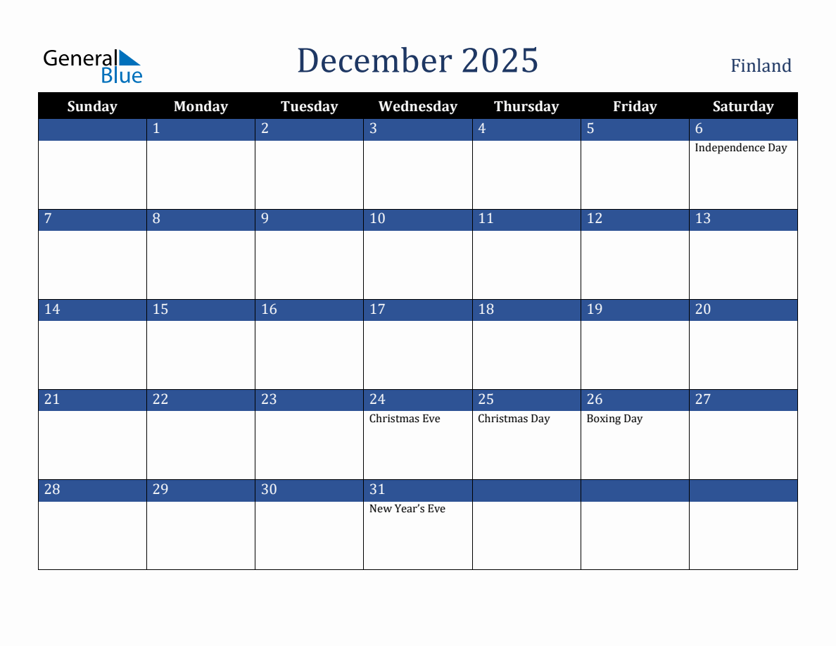 December 2025 Finland Holiday Calendar