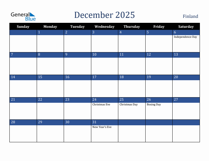 December 2025 Finland Calendar (Sunday Start)