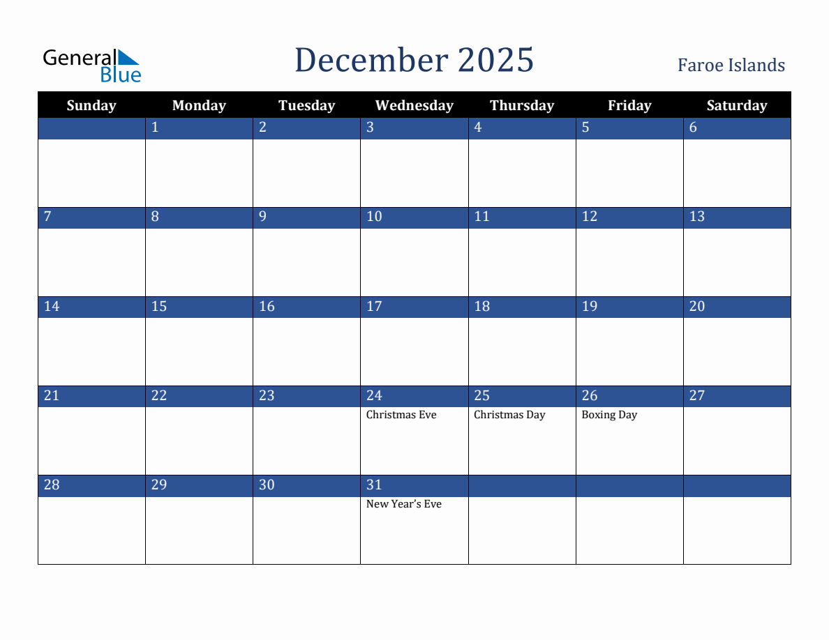 December 2025 Faroe Islands Holiday Calendar