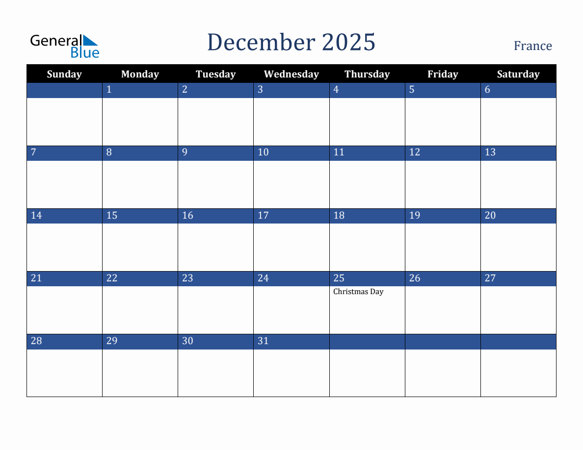 December 2025 France Holiday Calendar