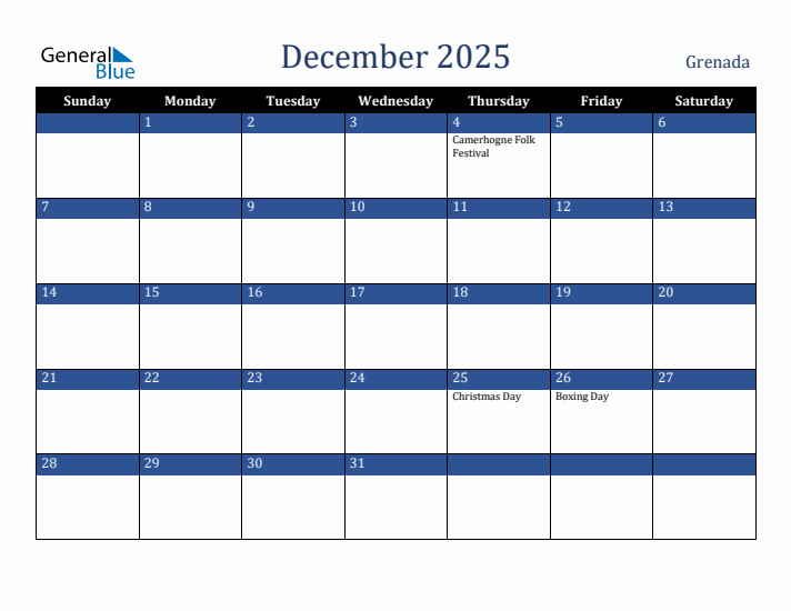 December 2025 Grenada Calendar (Sunday Start)