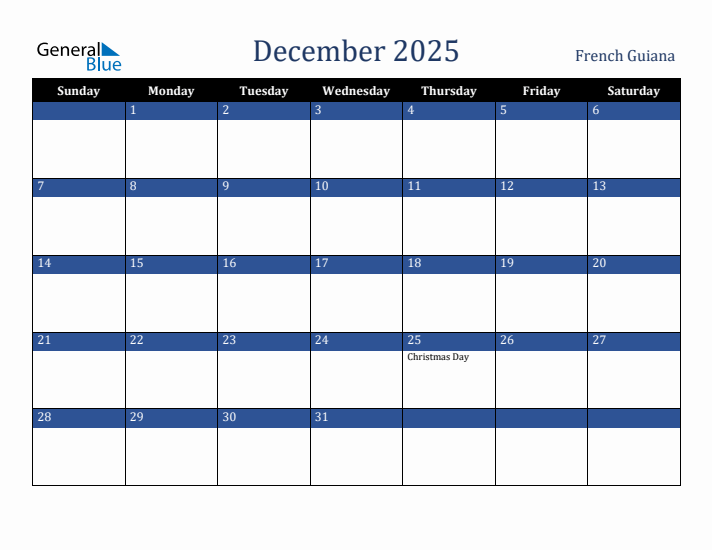 December 2025 French Guiana Calendar (Sunday Start)