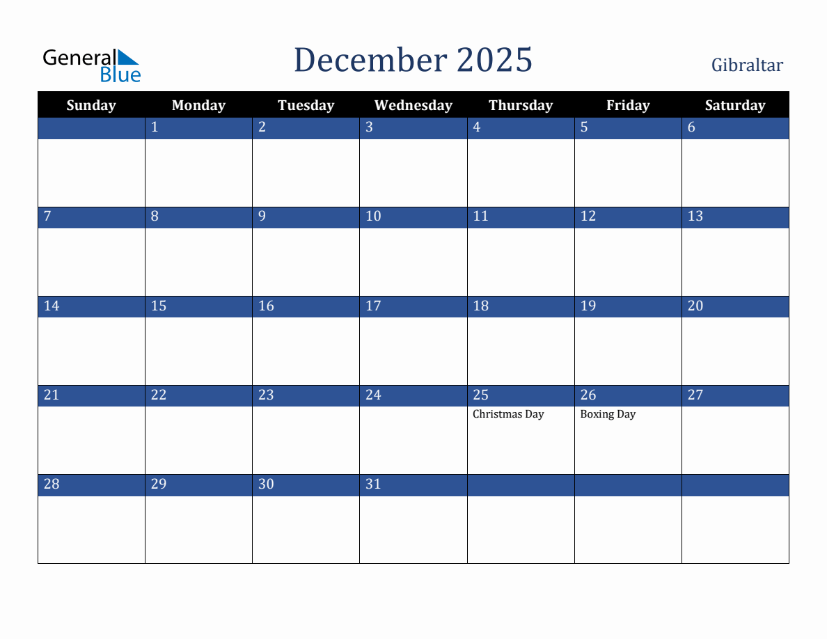 December 2025 Gibraltar Holiday Calendar