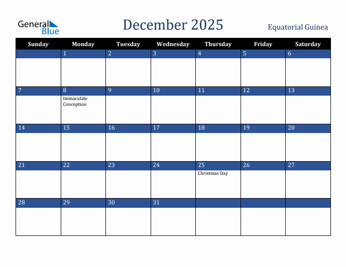 December 2025 Equatorial Guinea Calendar (Sunday Start)