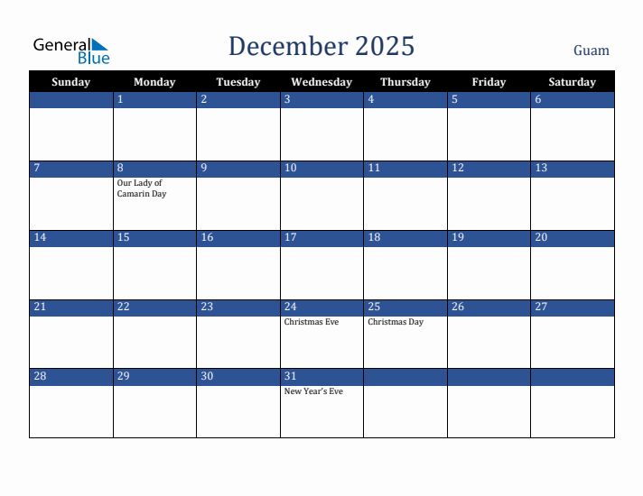 December 2025 Guam Calendar (Sunday Start)