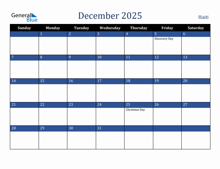December 2025 Haiti Calendar (Sunday Start)