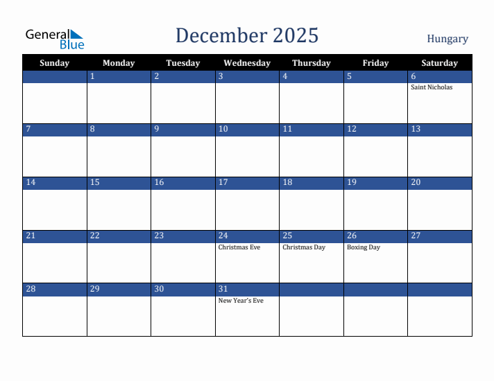 December 2025 Hungary Calendar (Sunday Start)