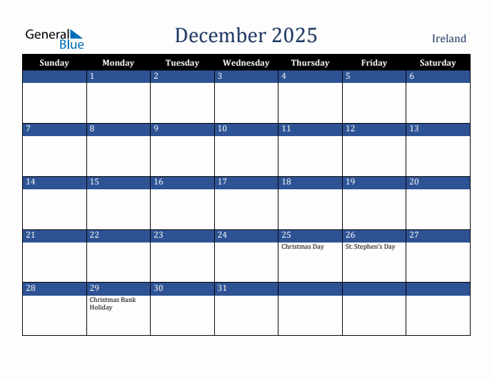 December 2025 Monthly Calendar with Ireland Holidays