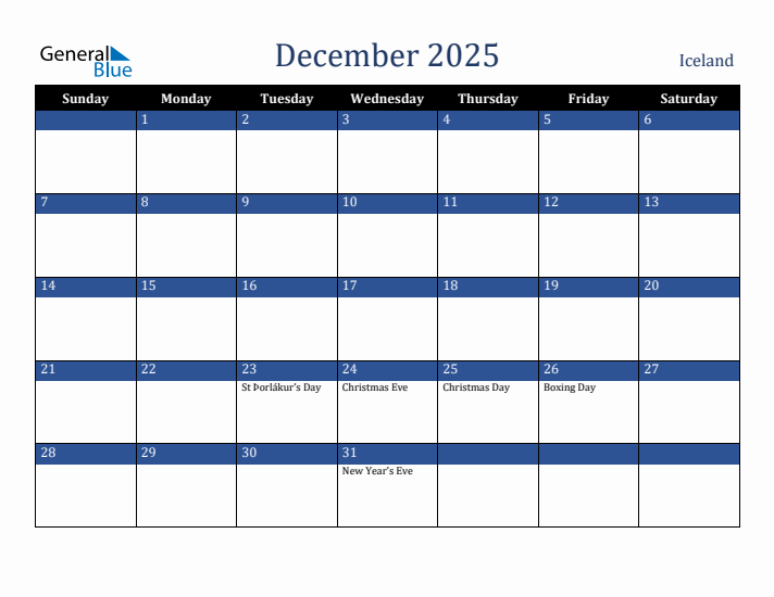 December 2025 Iceland Calendar (Sunday Start)