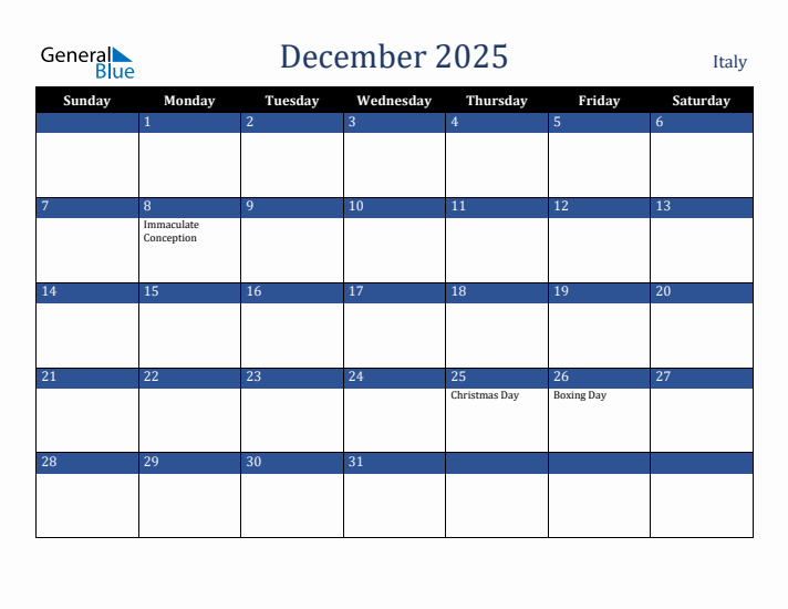 December 2025 Italy Calendar (Sunday Start)