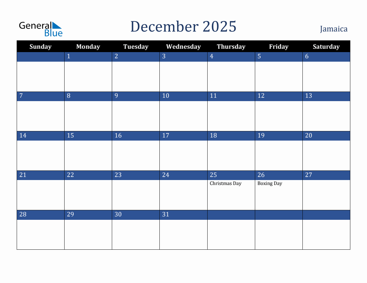 December 2025 Jamaica Holiday Calendar