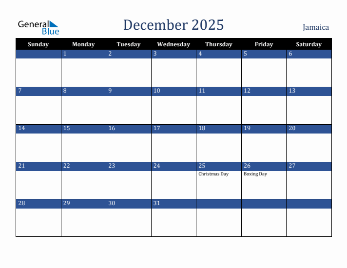 December 2025 Jamaica Calendar (Sunday Start)