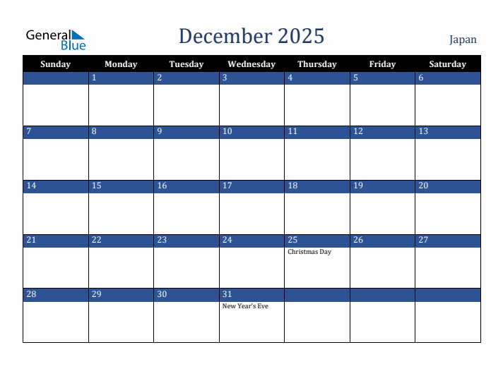 December 2025 Japan Calendar (Sunday Start)