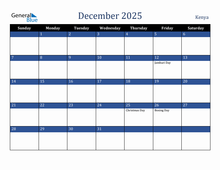December 2025 Kenya Calendar (Sunday Start)