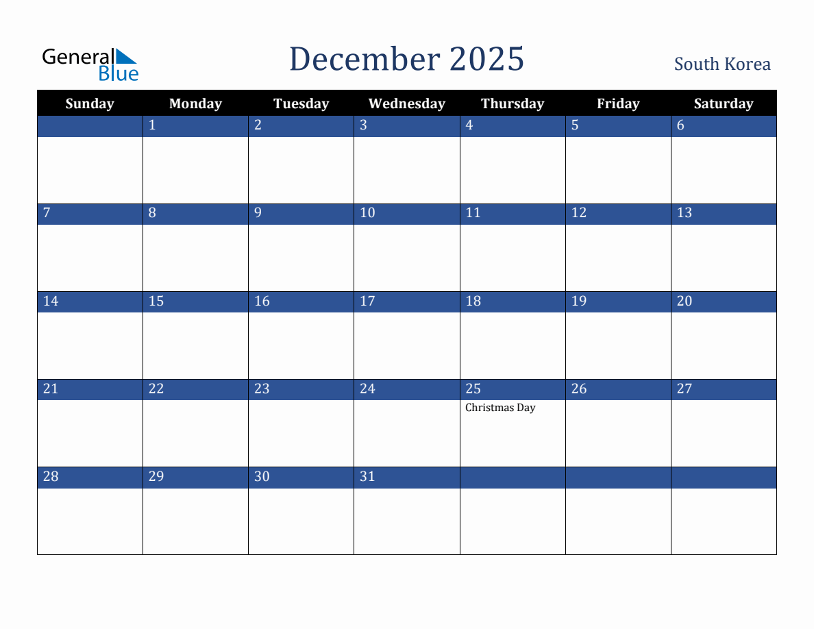 December 2025 South Korea Holiday Calendar