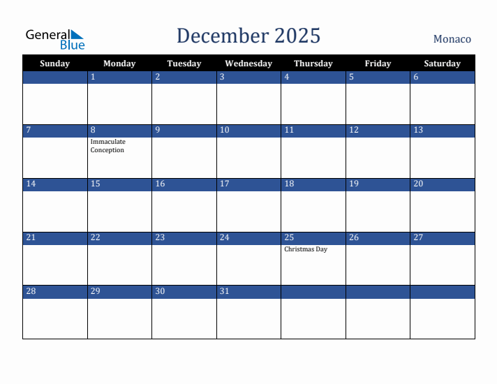 December 2025 Monaco Calendar (Sunday Start)
