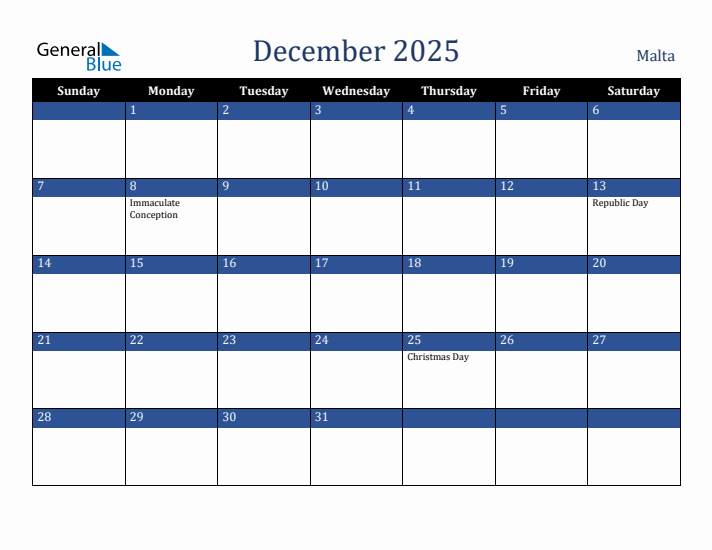 December 2025 Malta Calendar (Sunday Start)