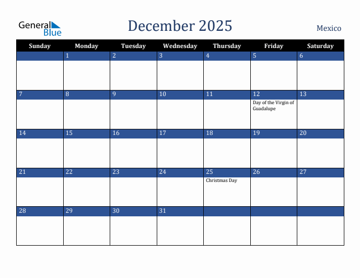 December 2025 Mexico Calendar (Sunday Start)