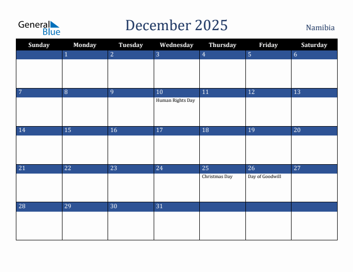 December 2025 Namibia Calendar (Sunday Start)