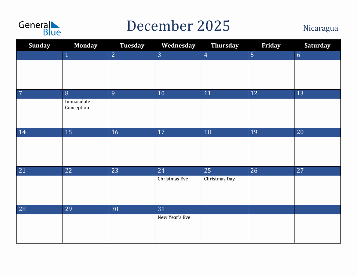 December 2025 Nicaragua Holiday Calendar