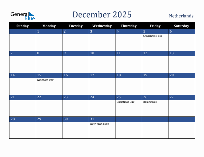 December 2025 The Netherlands Calendar (Sunday Start)