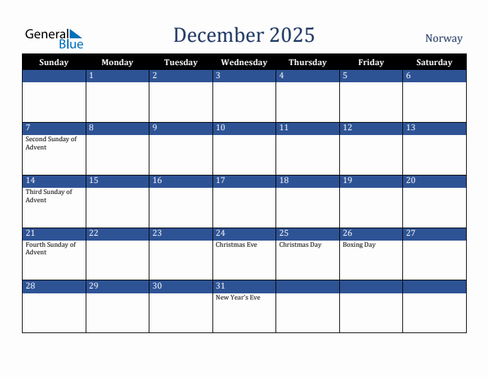 December 2025 Norway Calendar (Sunday Start)