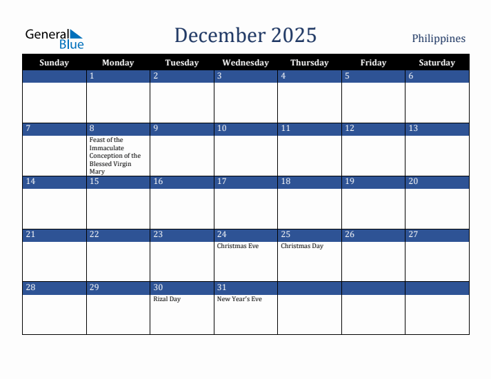 December 2025 Philippines Calendar (Sunday Start)