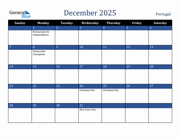 December 2025 Portugal Calendar (Sunday Start)