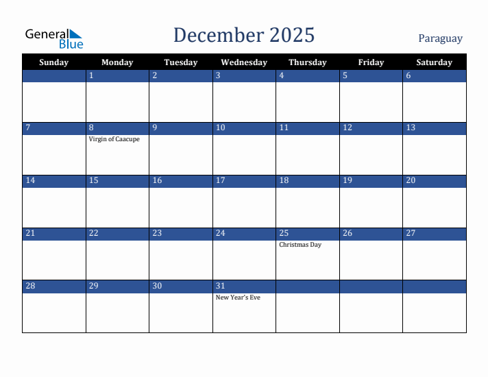 December 2025 Paraguay Calendar (Sunday Start)