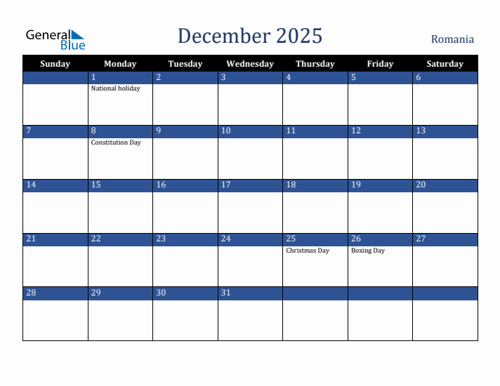 December 2025 Romania Calendar (Sunday Start)